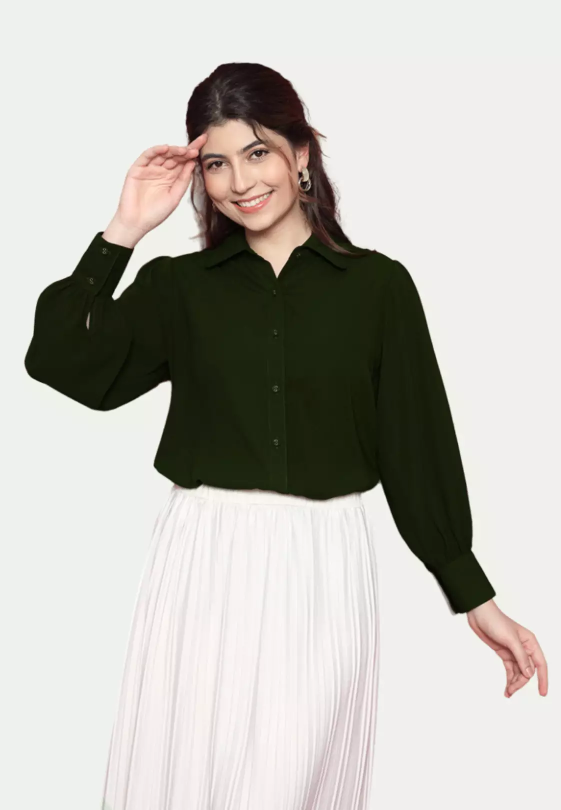 Plain Shirt With Long Sleeve In Dark Green By Brilliant Girl Warna HIJAU
