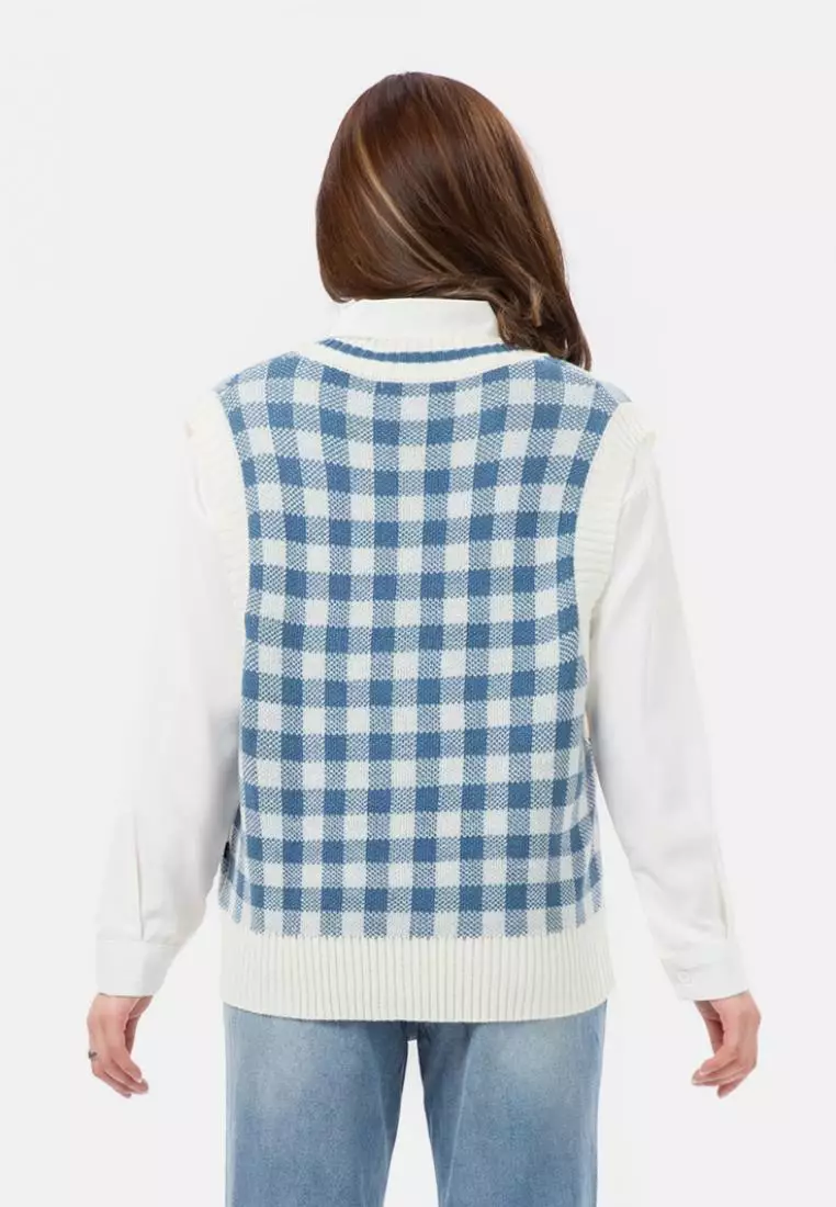 Big Checker Knit Vest in Blue