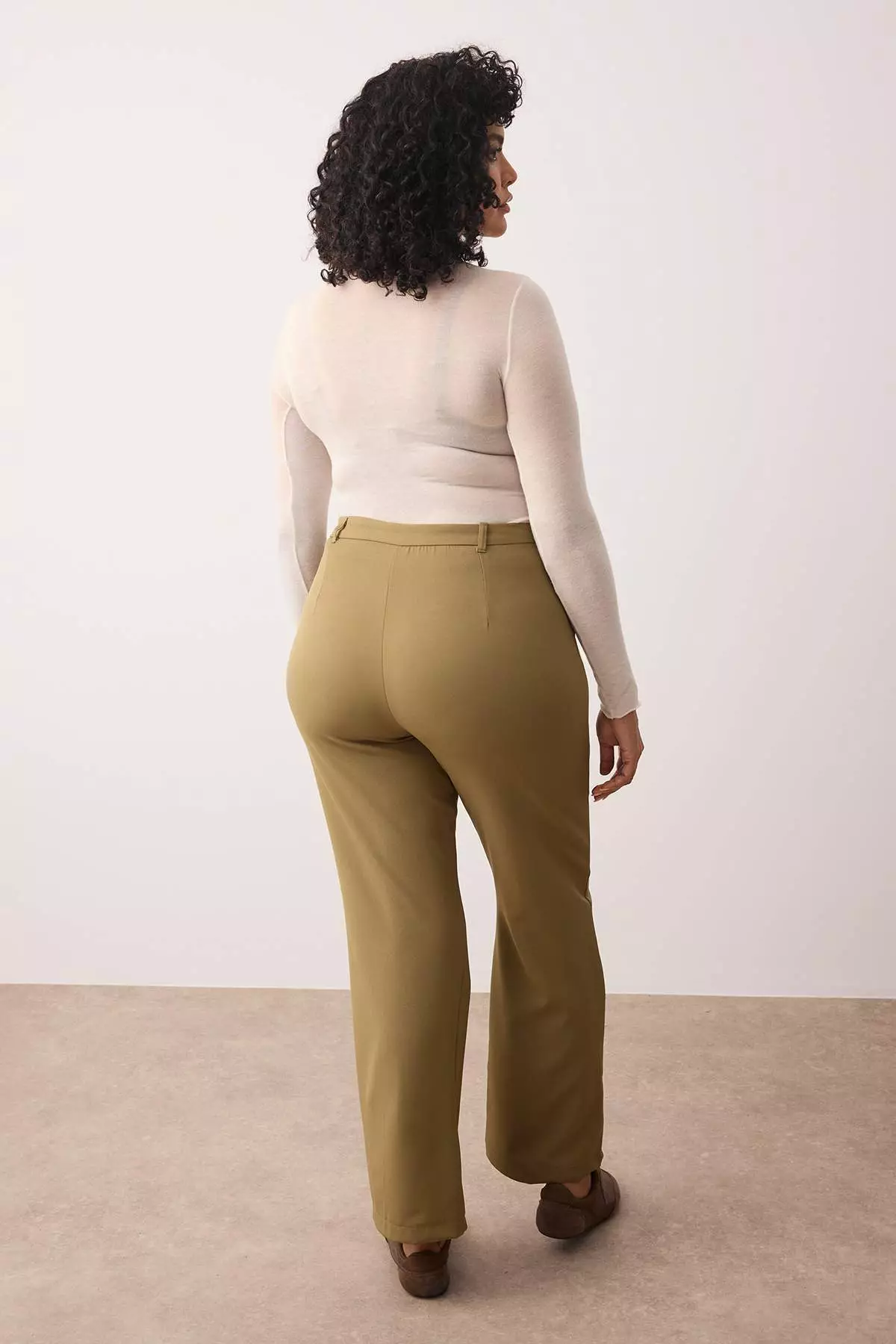 Khaki Straight/Straight Cut High Waist Ribbed Stitching Woven Pants Tbbss22Pl0301