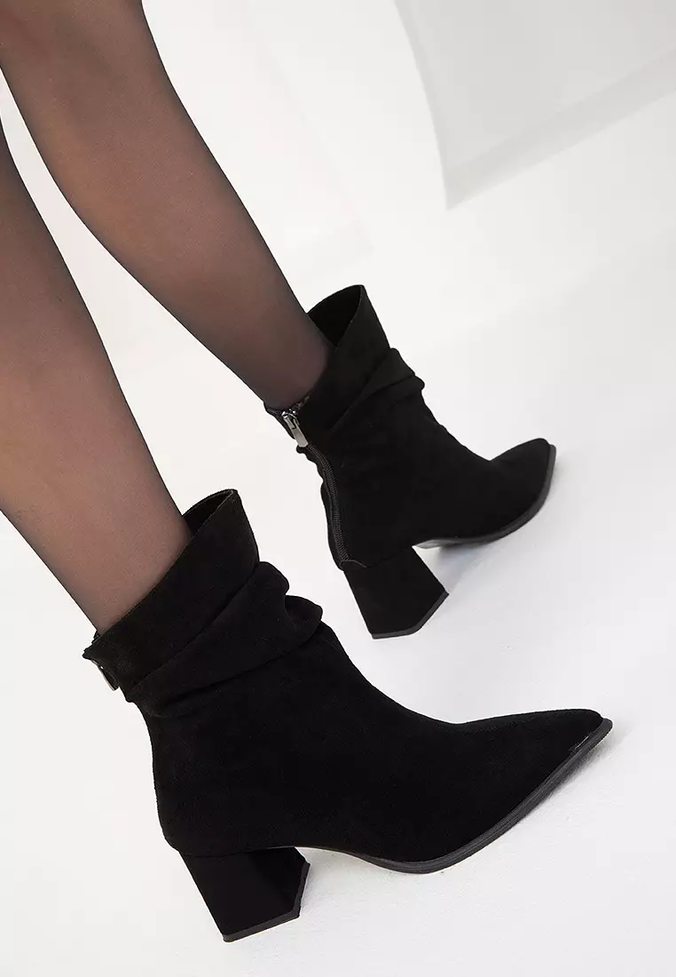 Ruched Pointed Toe Heeled Ankle Boots