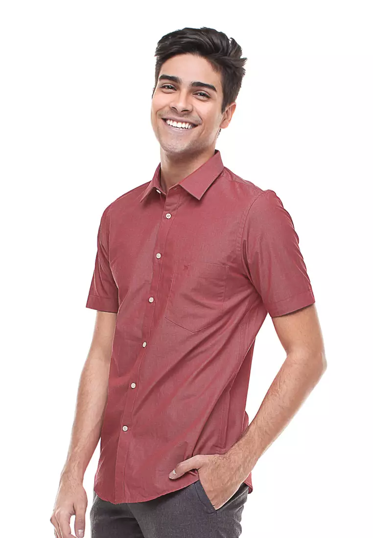 Johnwin - Slim Fit - Kemeja Casual - Kemeja Pria - Lengan Pendek - Polos - Merah