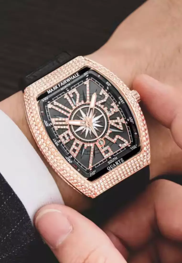 中性款酒桶形石英表，44毫米，黑色表盘，皮革表带