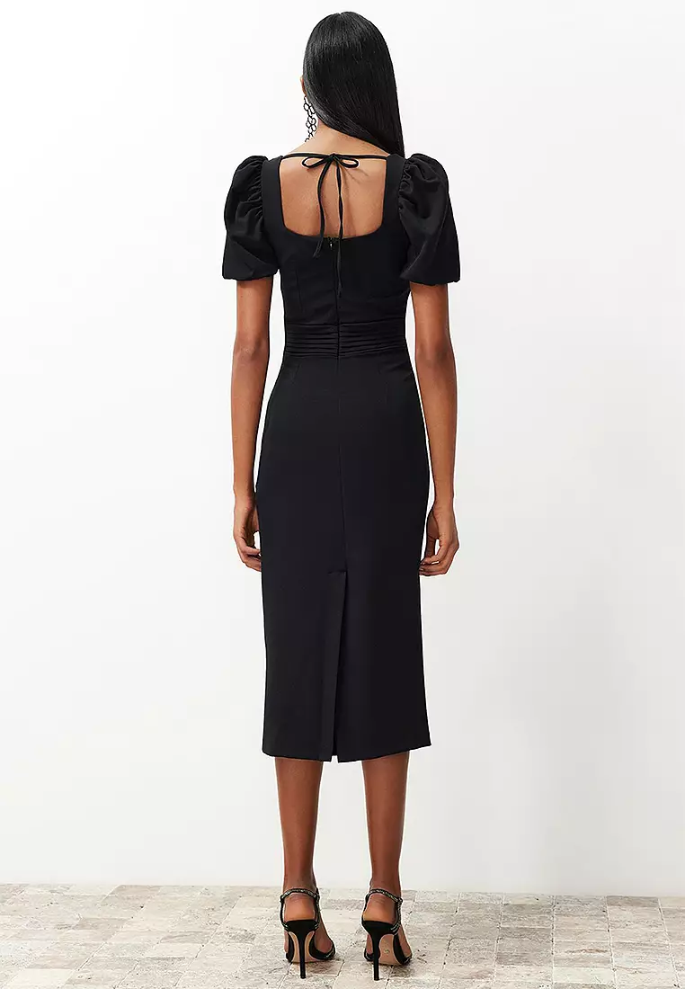 Square Neck Puff Sleeves Slit Midi Dress