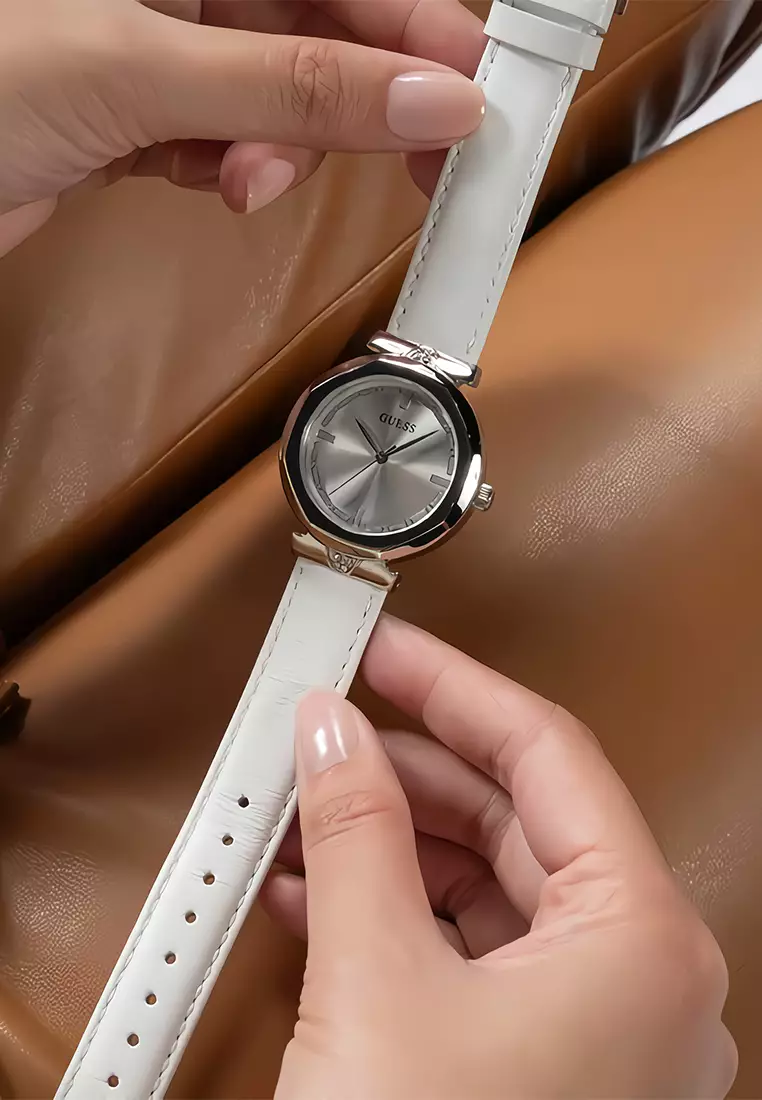 Guess Ladies Watch Rumour Jam Tangan Analog Wanita - Silver Case White Leather Strap - GW0689L1