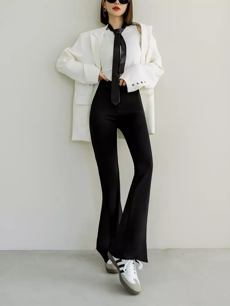 High-waisted slit flare black pants [BA7560]