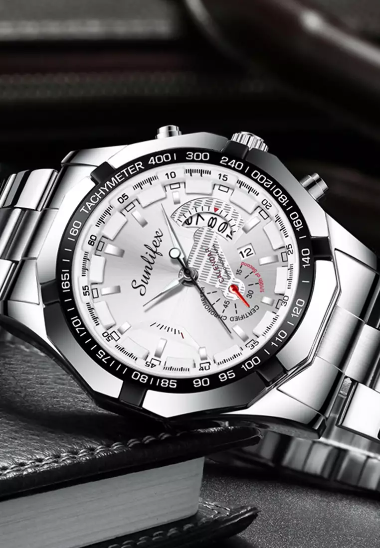 Jam Tangan Pria 9094 Original Kuarsa Kalender Tali Stainless Steel Jam Tangan Cowok(Kotak + Kartu Garansi) silver white