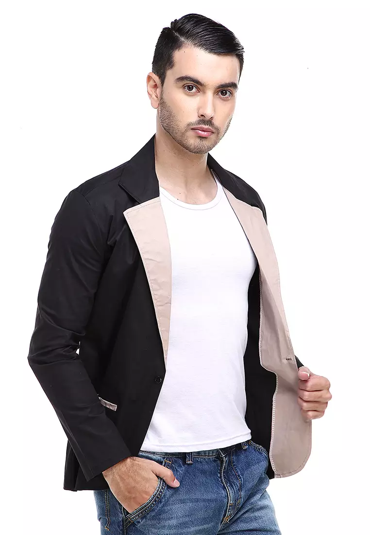Woreq Jas Blazer Pria Pockets Two Tone Formal Casual Suit Material Cotton Stretch ORIGINAL - Black