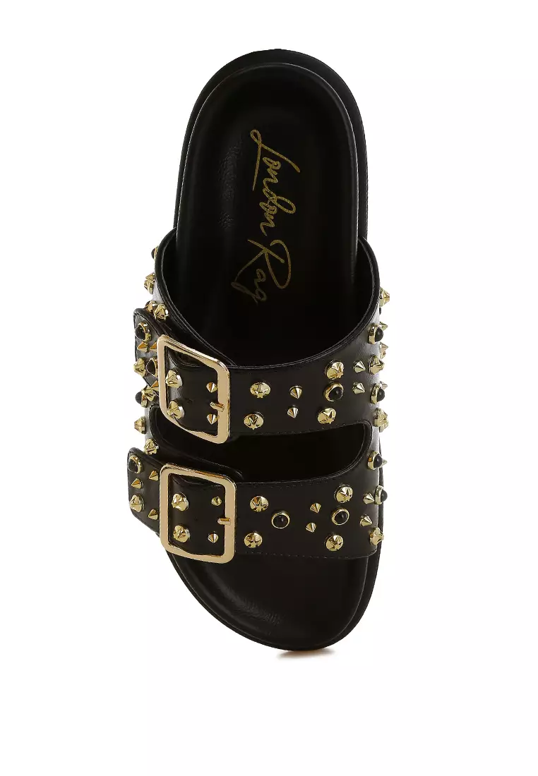 Metallic Stud Embellished Sliders In Black