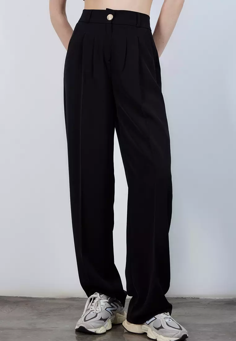 Black High Waist Wide Leg Woven Trousers Twoaw26Pl161