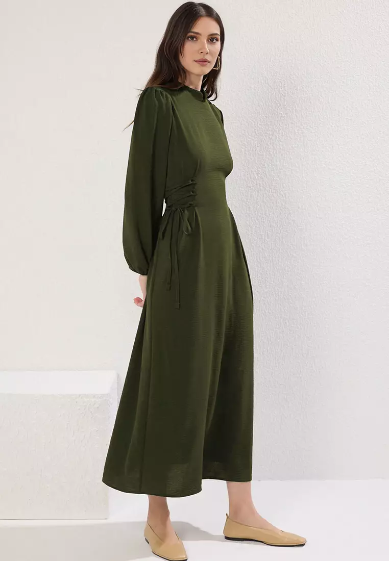 Khaki Judge Collar Waist Brit Aerobin Woven Dress Tctss25Eb00082