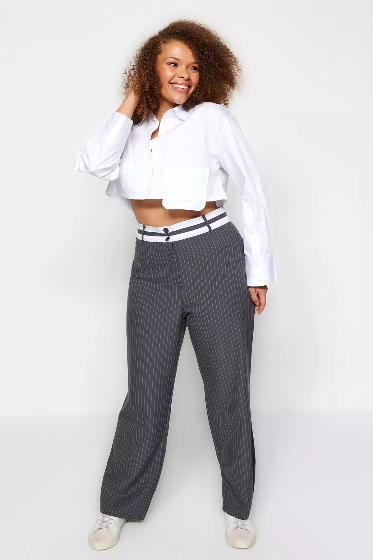 Plus Size Double Waist Stripe Trousers