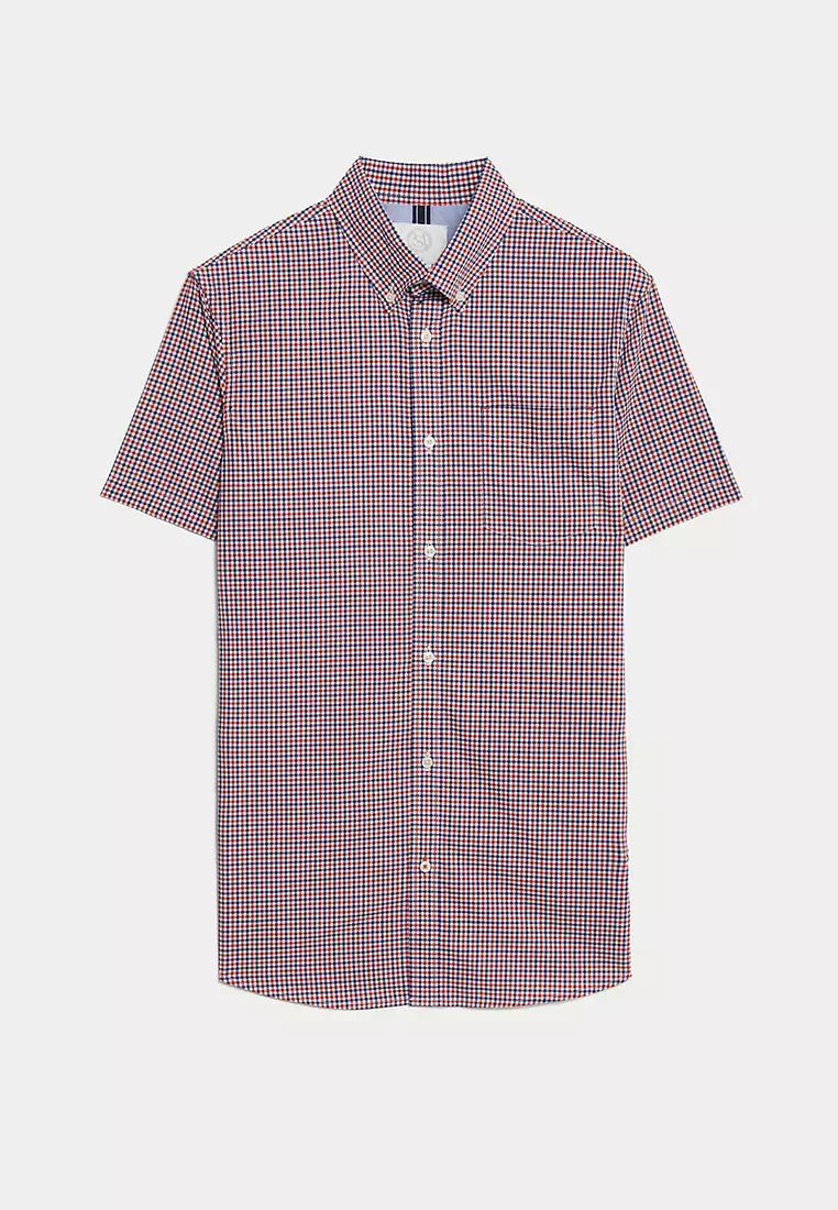 Easy Iron Cotton Stretch Gingham Check Oxford Shirt