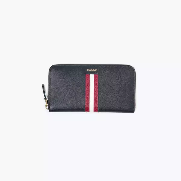 Dompet BALLY SORISSA STRIPE RED BLACK LEATHER ZIP LONG WALLET 100% ORIGINAL