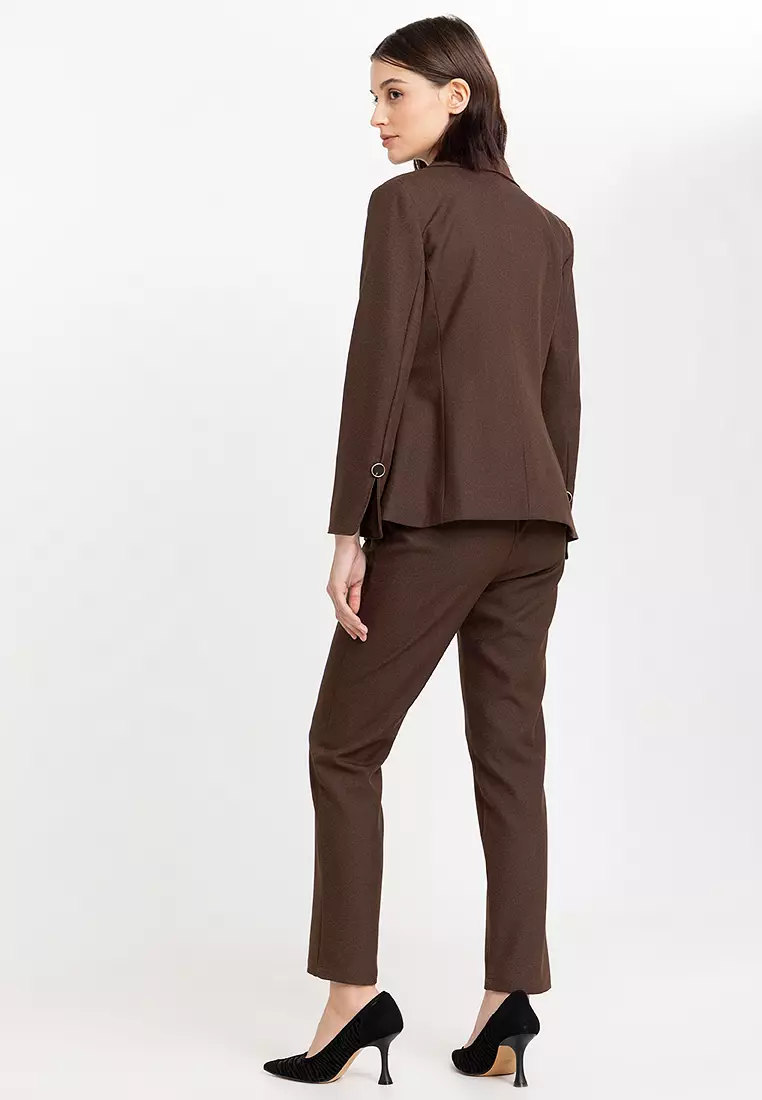 Slit Cuff Textured Suit Blazer with Pants