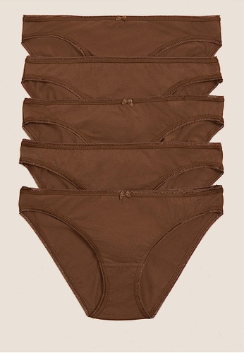 MARKS & SPENCER brown M&S 5pk Cotton Low Rise Bikini Knickers C45EFUSD4CA3B1GS_1