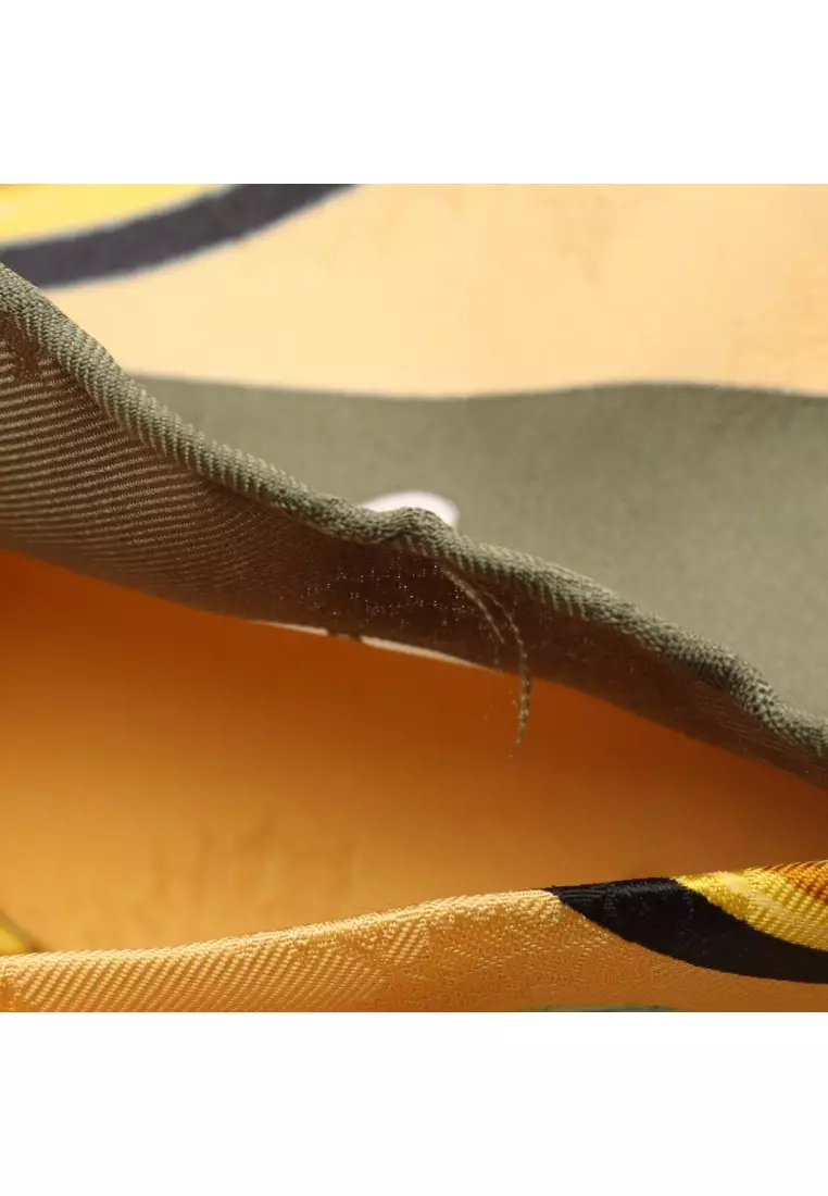 Pre-Loved Hermès carres 90 Plumes et Grelots scarf silk yellow Khaki green multicolor