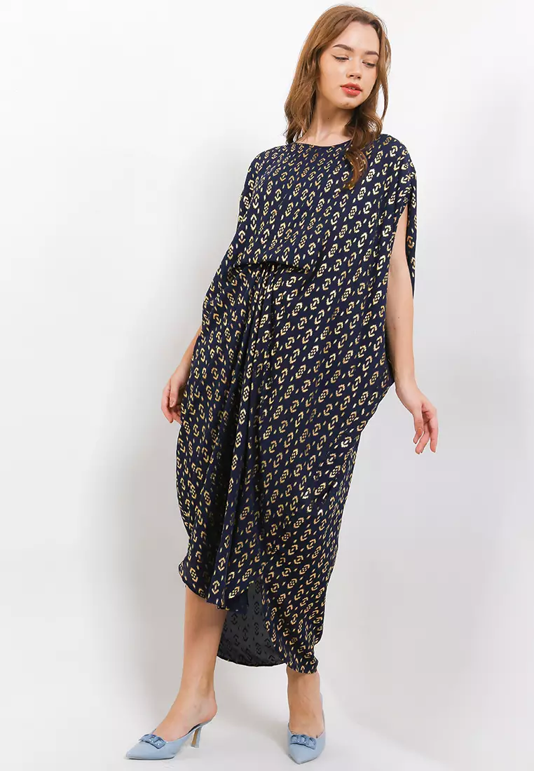 Gold Ethnic Print Ruched Kaftan