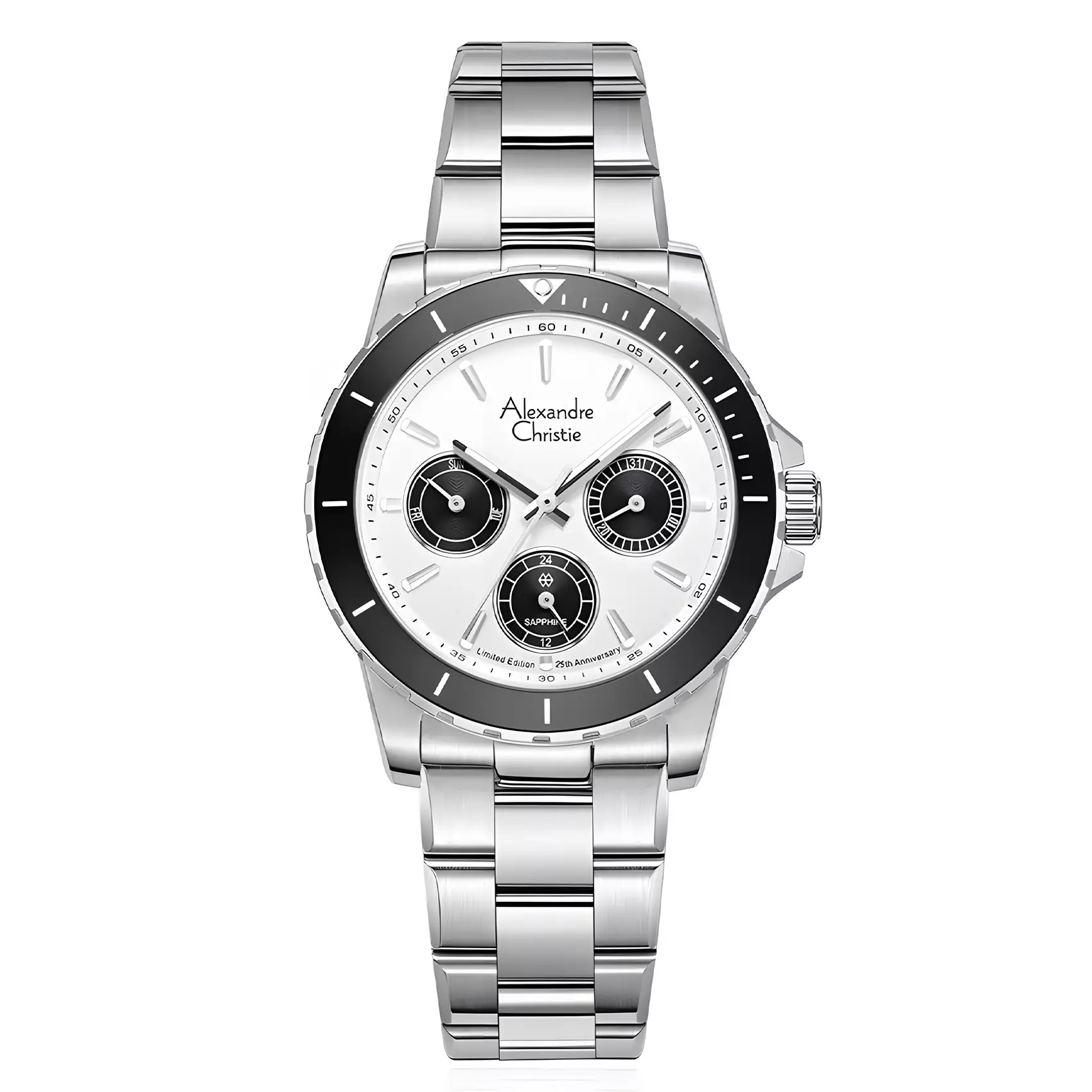 Alexandre Christie 25th ANNIVERSARY Limited Edition - Jam Tangan Chronograph Wanita - Silver Black - All Stainless Steel - 6141 XXVBTBSLBA
