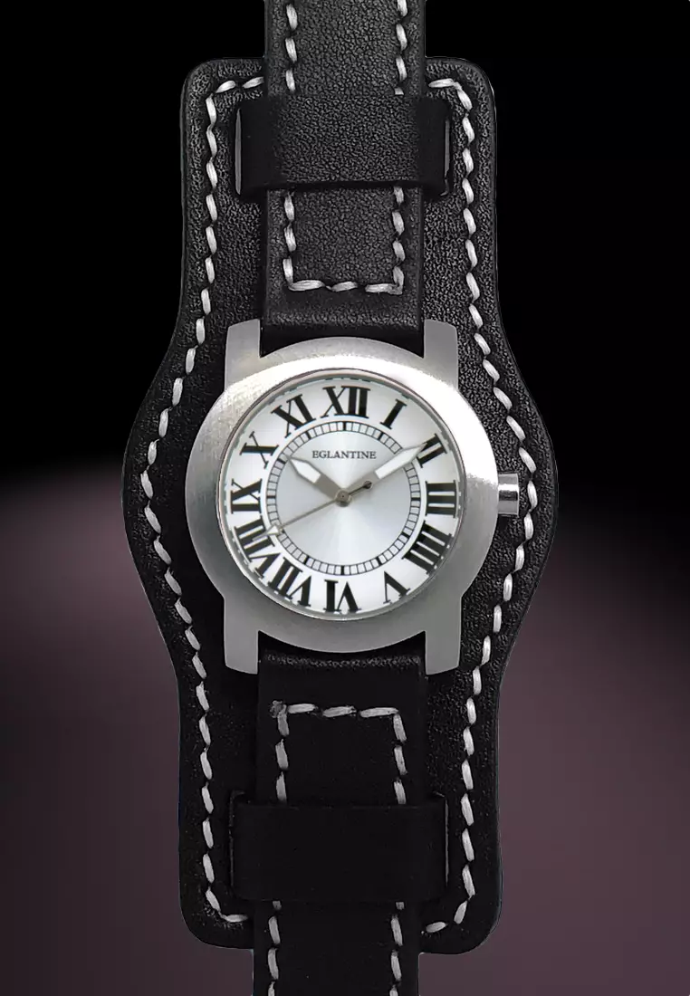 Classic Round Unisex Steel Quartz Watch, Black Leather Strap