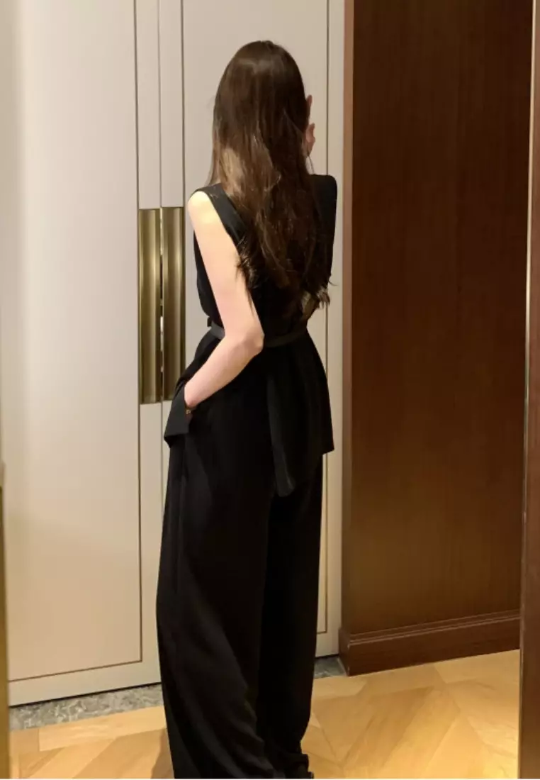 Retro tie-front top and high-waisted casual pants set  CA26033041BK