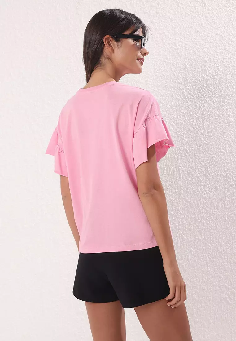 Pink 100% Cotton Ruffle Detailed Basic Crew Neck Knitted T-Shirt Twoss22Ts2429