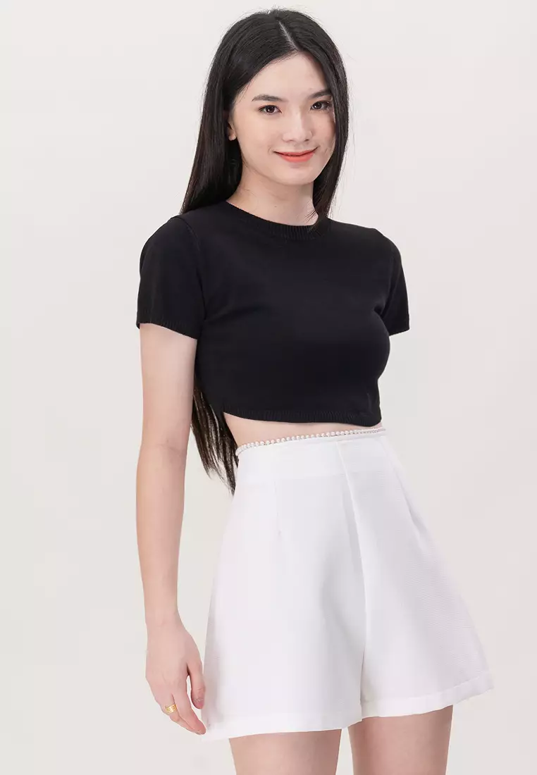 小香风珍珠中腰短裤