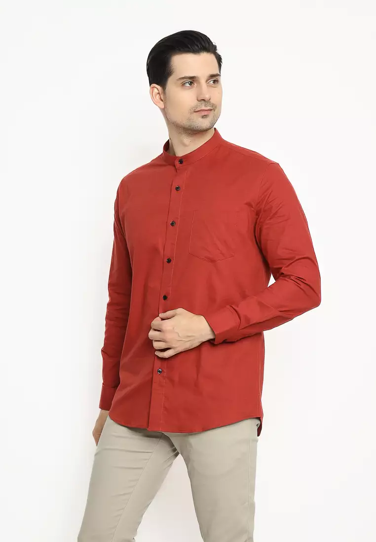 MAGINOT Kemeja Pria KOKO Basic Polos Lengan Panjang TERRACOTTA2