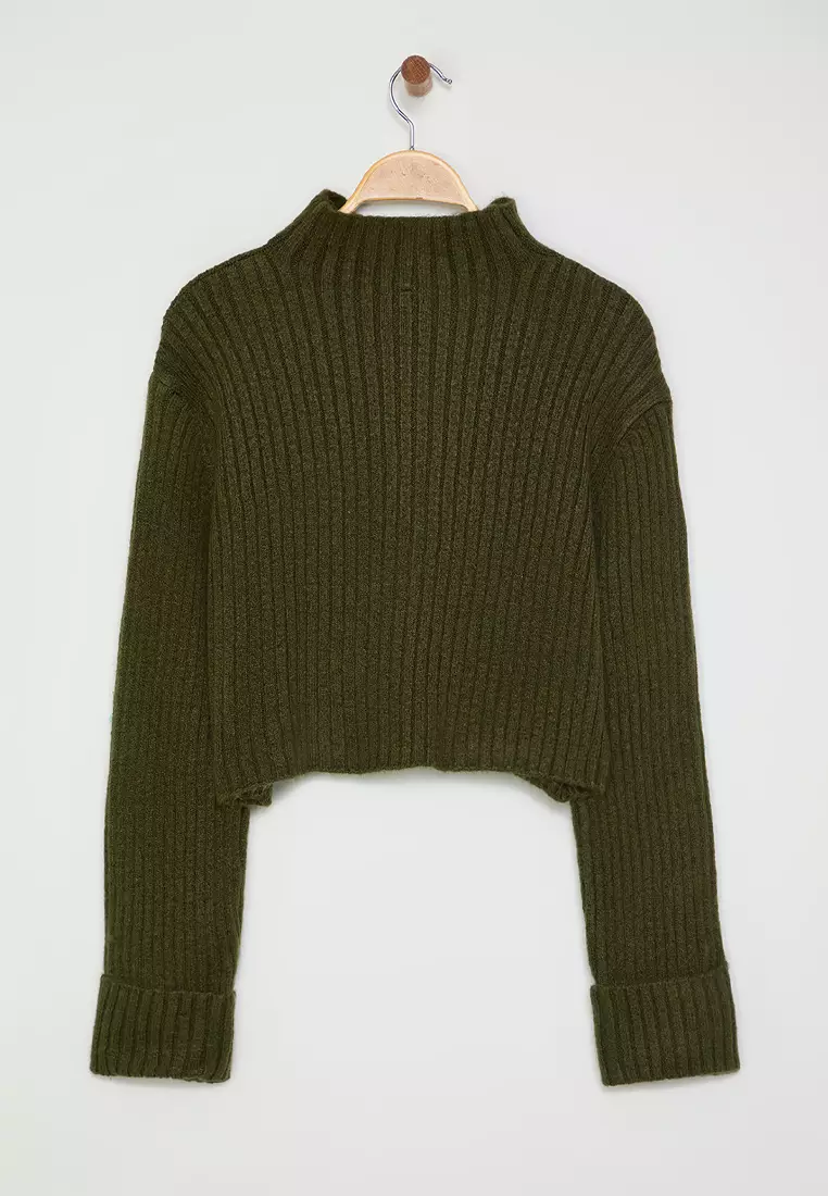 Khaki Crop Soft Textured Stand Collar Knitwear Cardigan TWOAW22HI0174