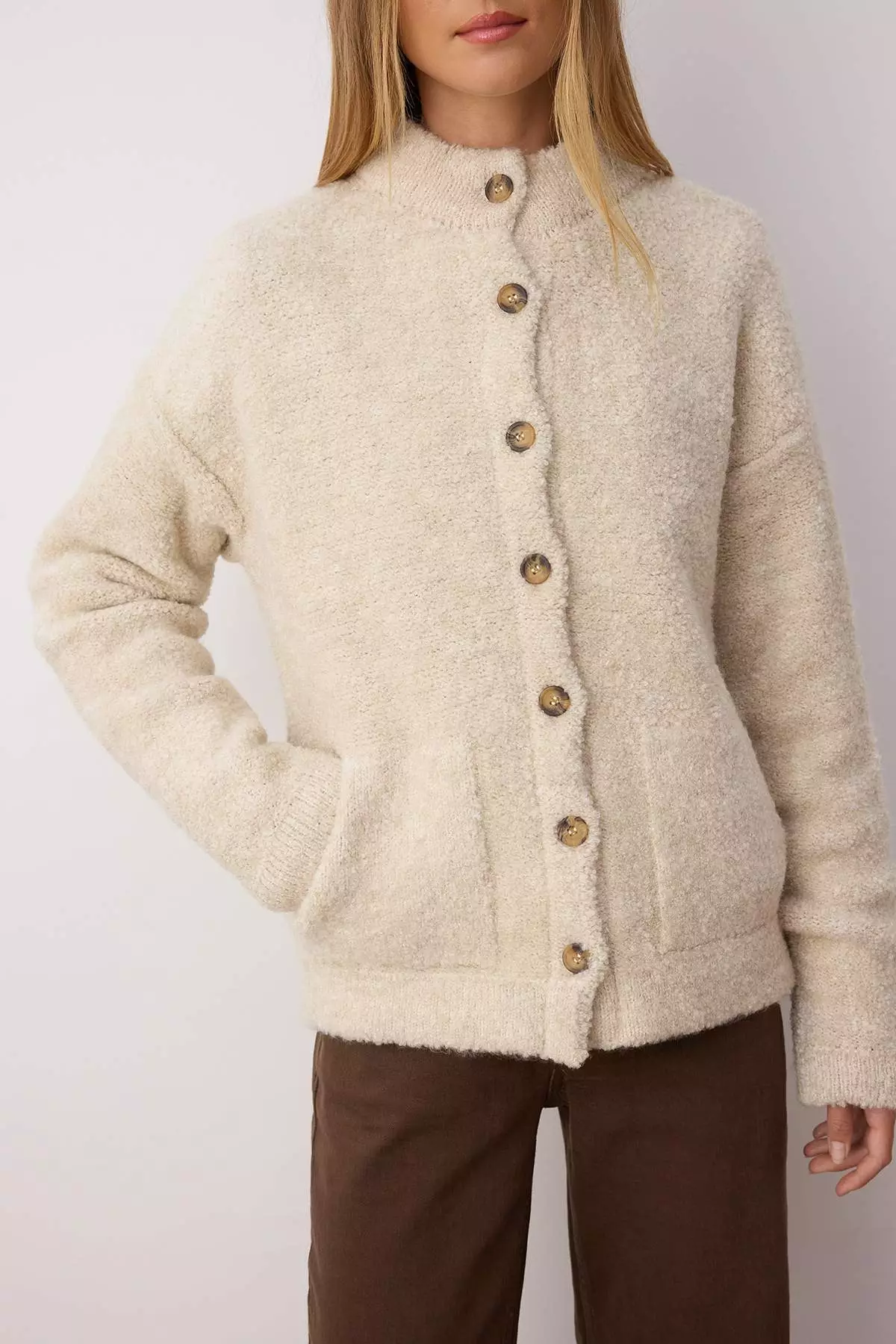 Beige Boucle/Textured Yarn Wide Pattern Coat-Look Knitwear Cardigan