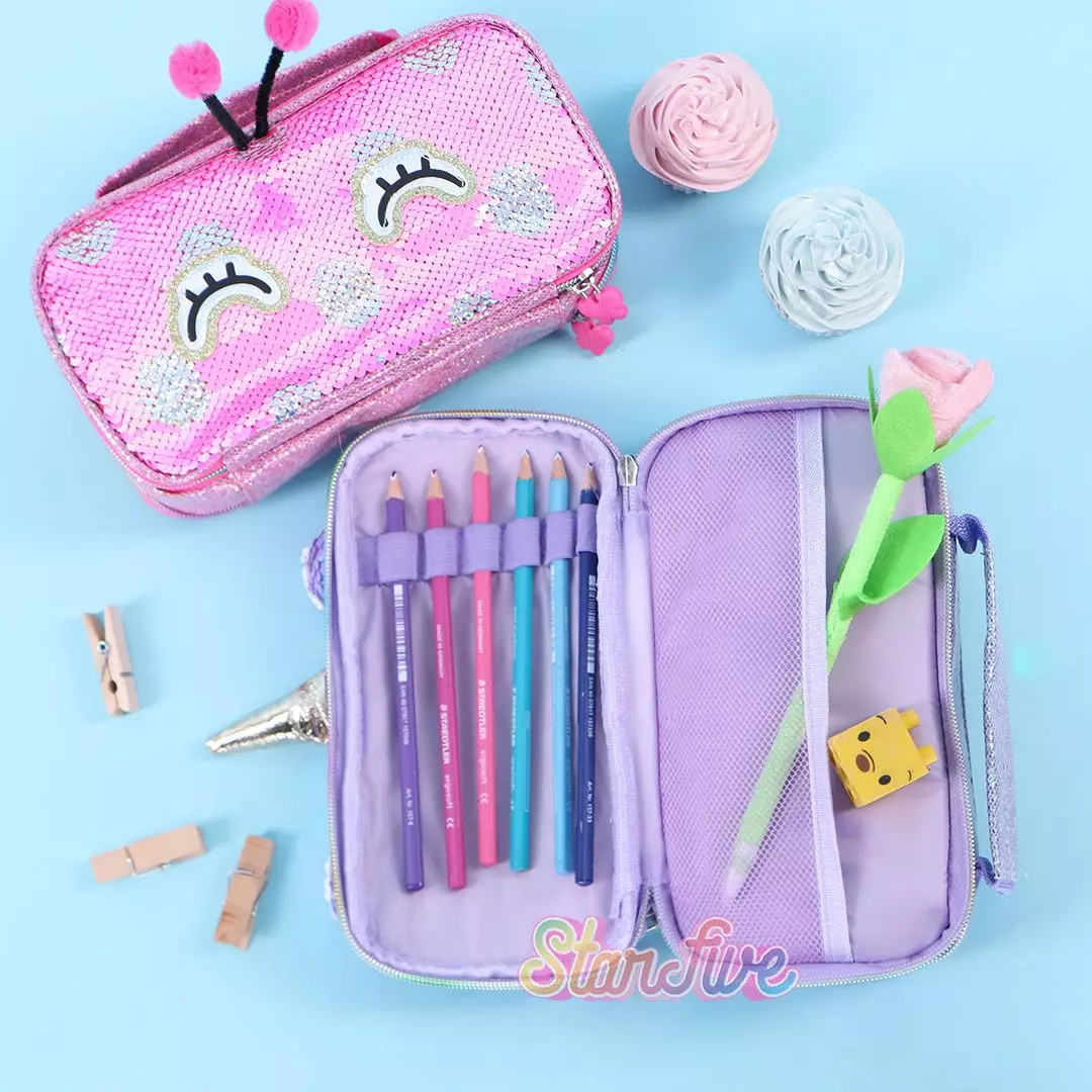 TEMPAT PENSIL JINJING CARRY ON SEQUIN KOTAK STARFIVE - BUTTERFLY FUCHSIA