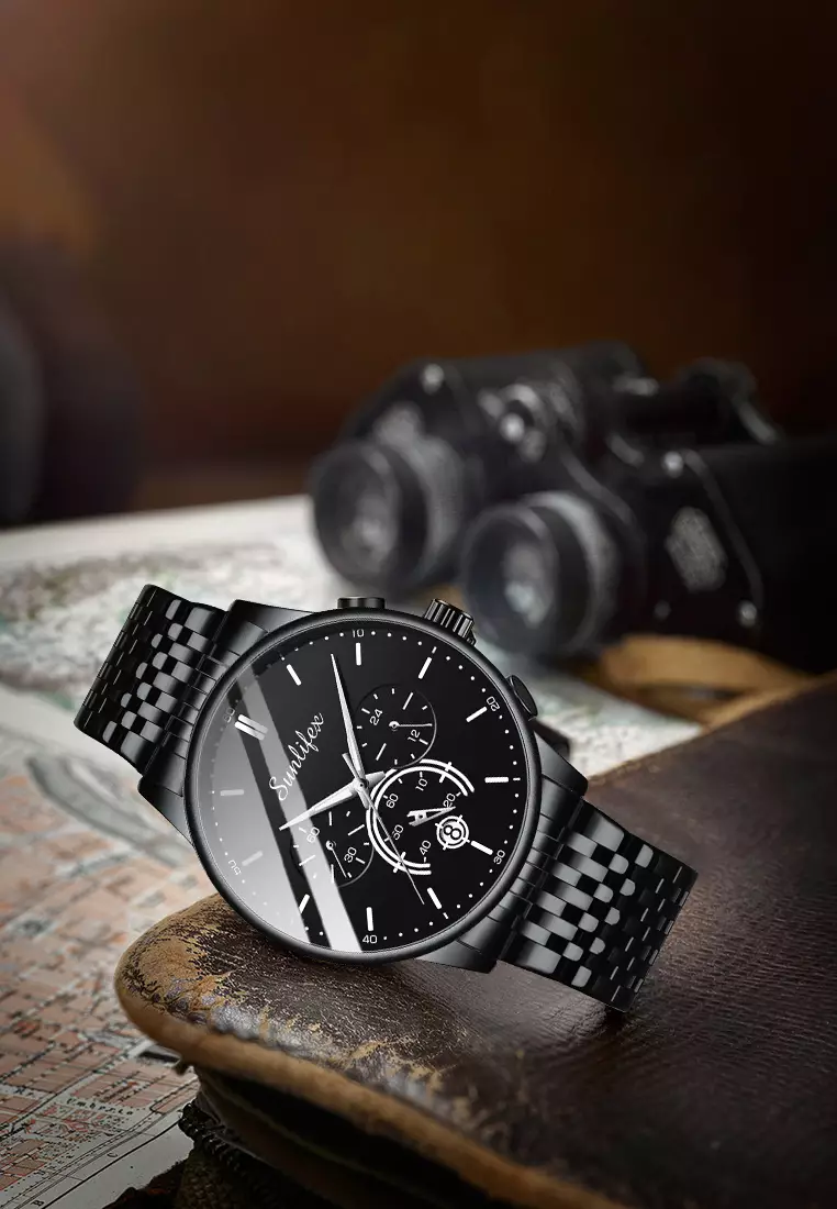 Jam Tangan Pria Original Bisnis Anti Air Kuarsa Jam Pria Calendar Tali Stainless Steel Jam Tangan Cowok 9007 black white