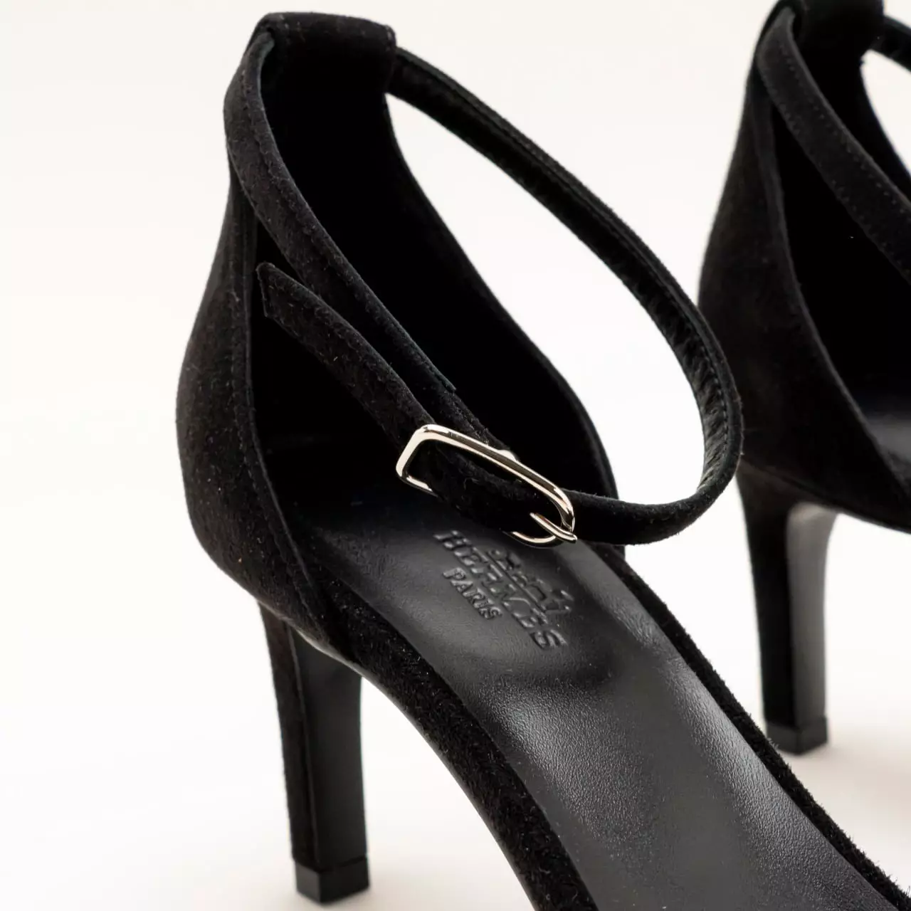 Joy 70 Ankle Strap Sandals Heels with Figure Artistique in Suede Leather Black