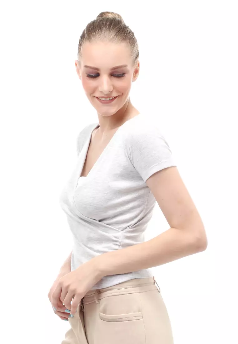 Blouse Atasan Wanita Short Sleeves Kerah V-neck Design Simple Elegant - Light Grey