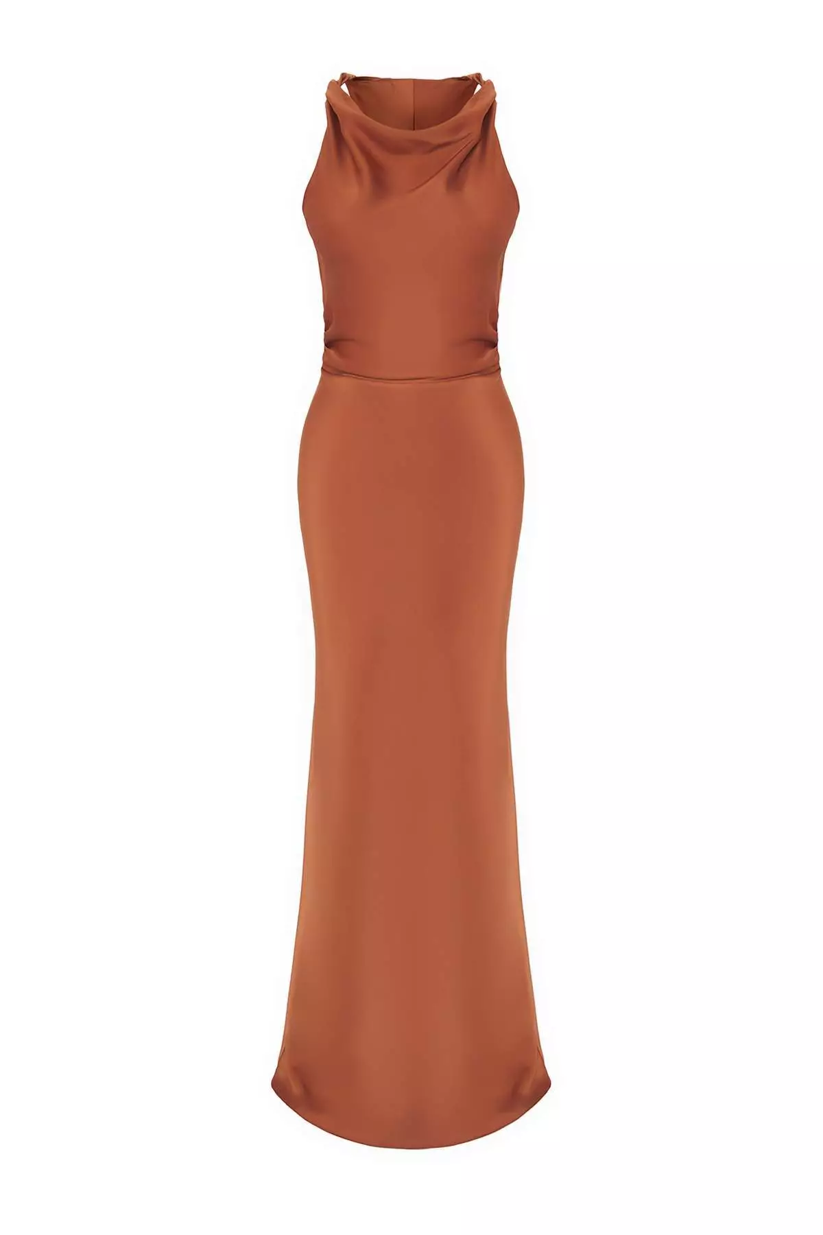 Brown Body Fitting Satin Maxi Evening Dress