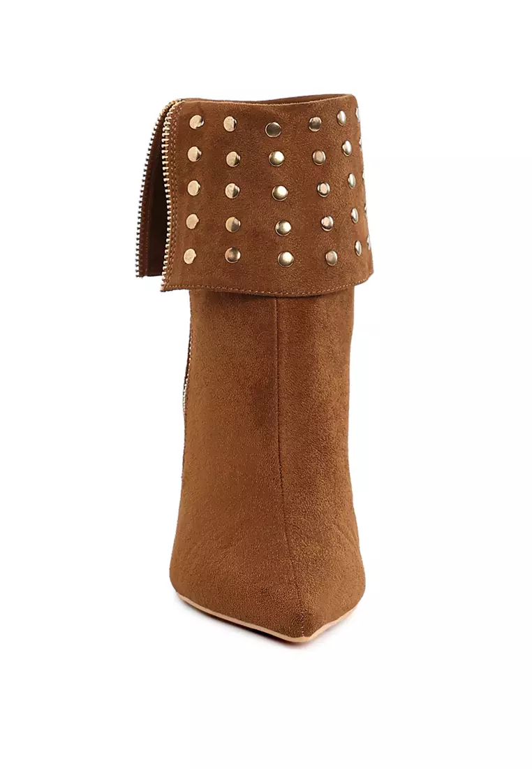 Stud Embellished Foldover Boots in Tan