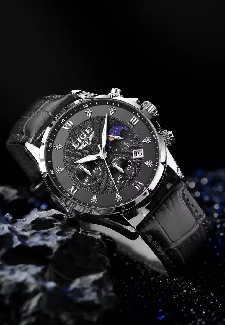 Chronograph Unisex Stainless Steel Quartz Watch, Black dial, Black Leather Strap