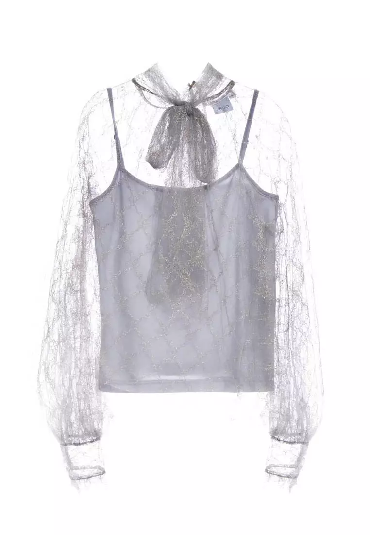 Grey Ribbon Bow Collar Lace Top