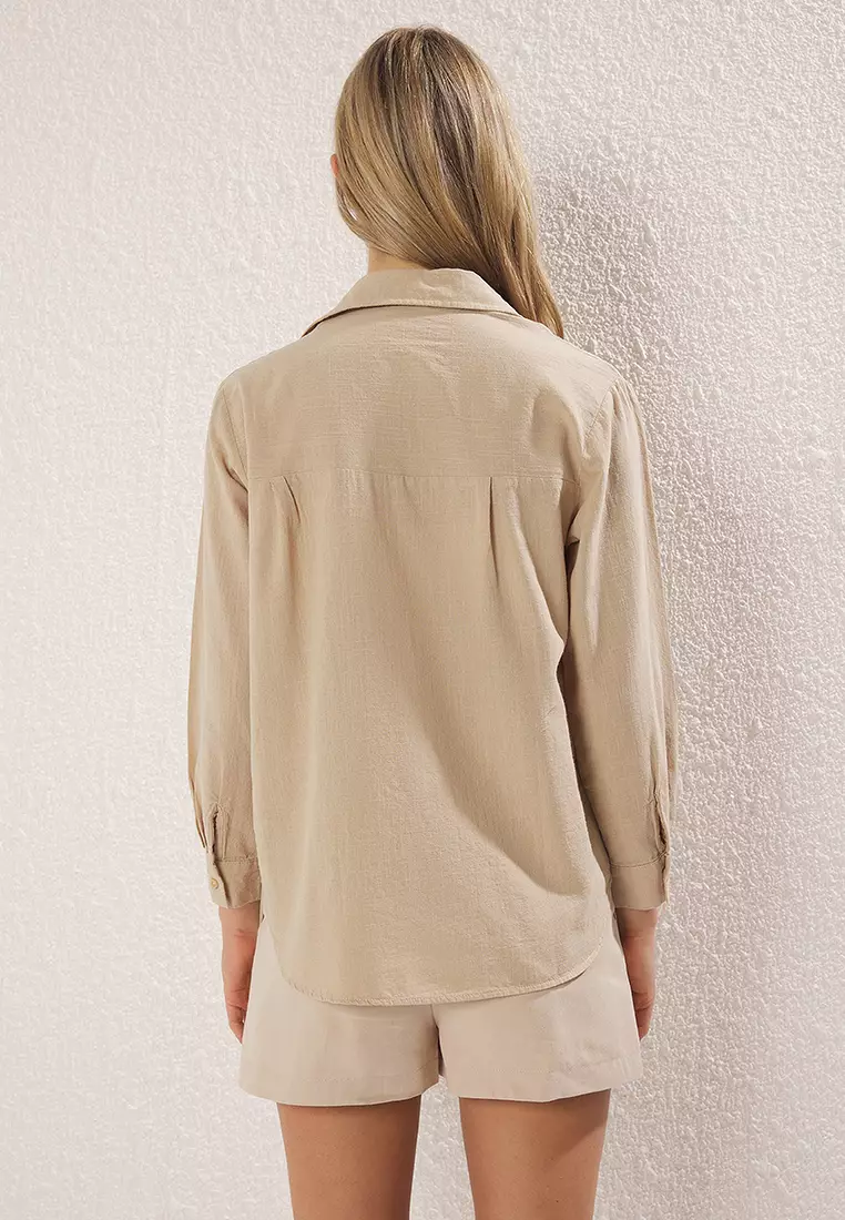 Mink Cotton Blended Linen Look Oversize Wide Fit Woven Shirt Twoss25Go00096