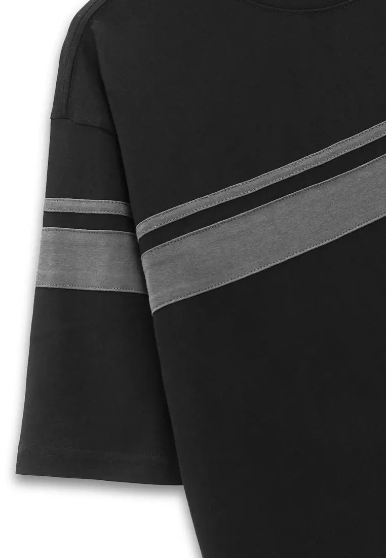 Cut & Sew Colour Bar Short Sleeve Relaxed Fit Tee- Black