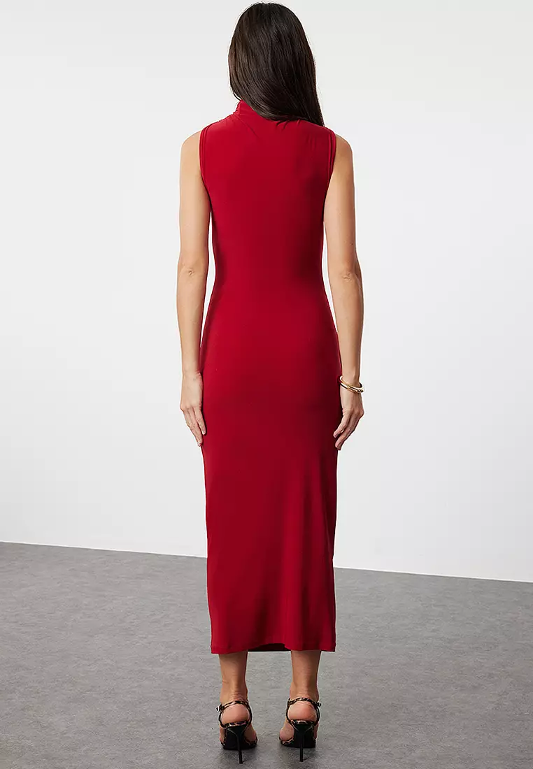 Buy Trendyol Red Plain Gathered Maxi Zero Sleeve Draped