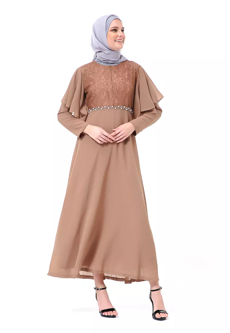 Hilda Dress Panjang Muslimah Wanita Long Sleeve High Quality Premium - Brown
