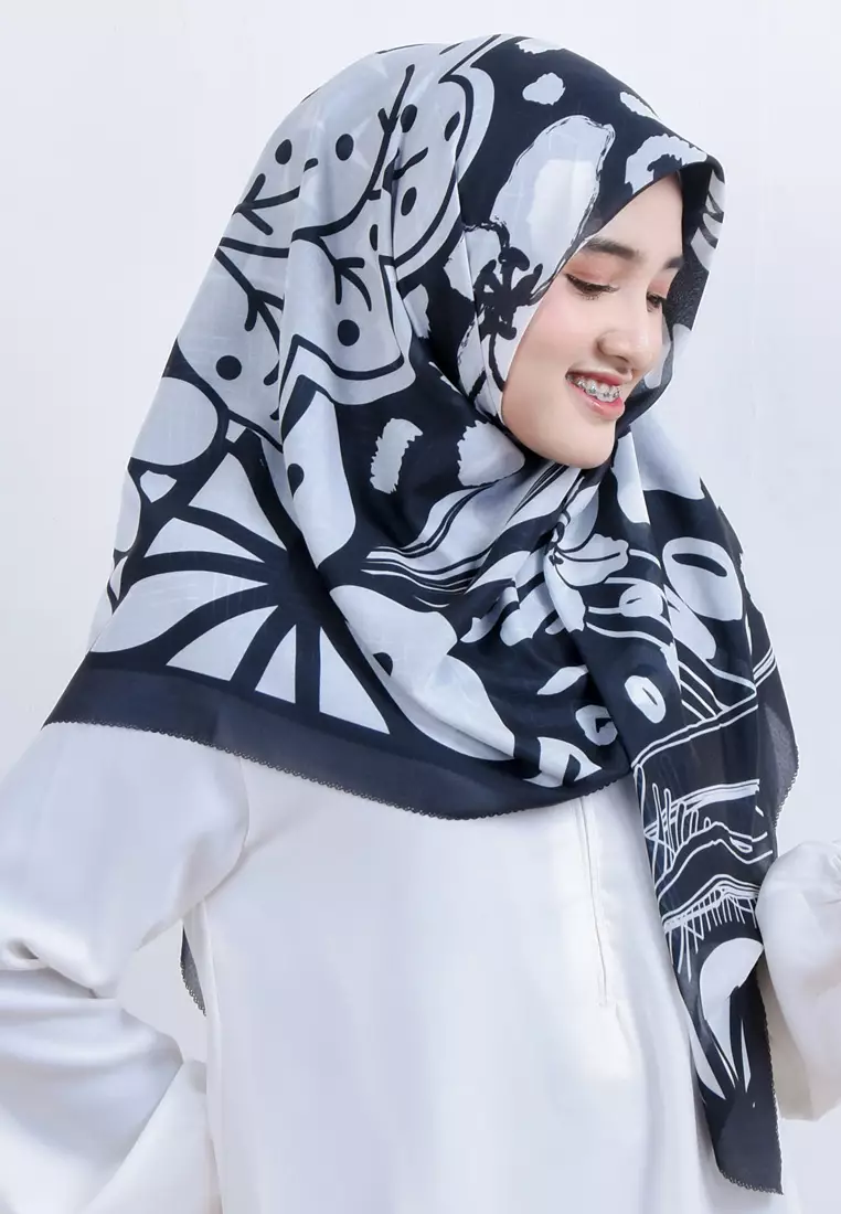 Malaya Signature Square Voile Scarf Hijab Segi Empat Charcoal Black