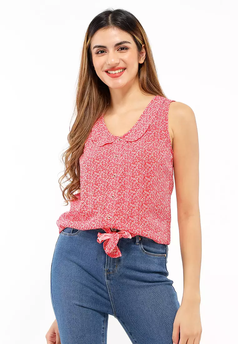 Red printed rayon sleeveless-tops