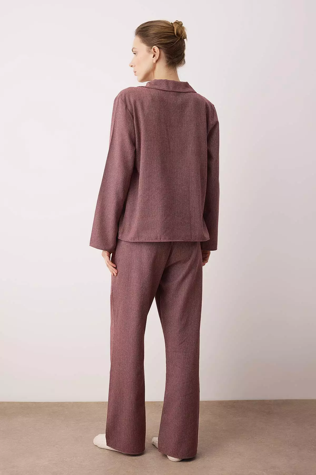 Burgundy Cotton Thick/Winter Striped Flannel Woven Pajama Set Thmaw26Pt196