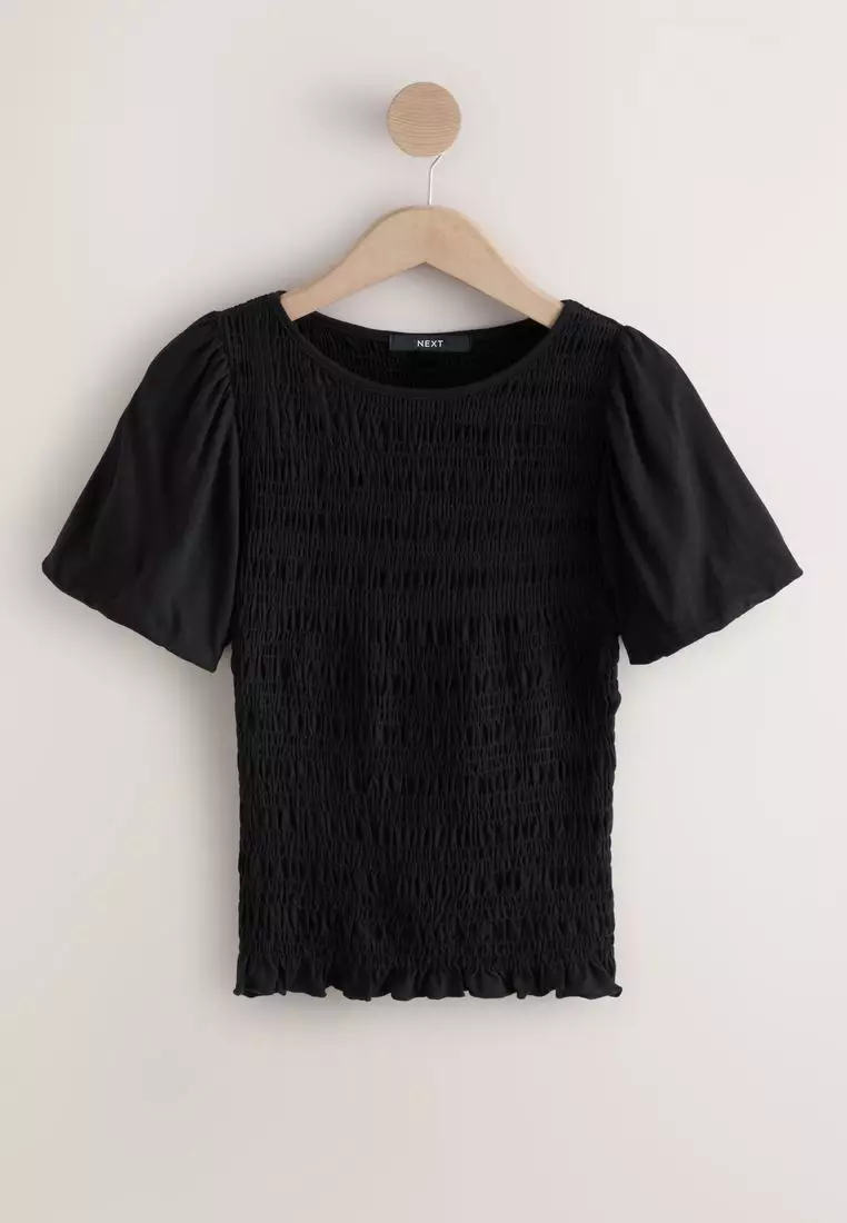 Shirred Short Sleeve Crew Neck Top