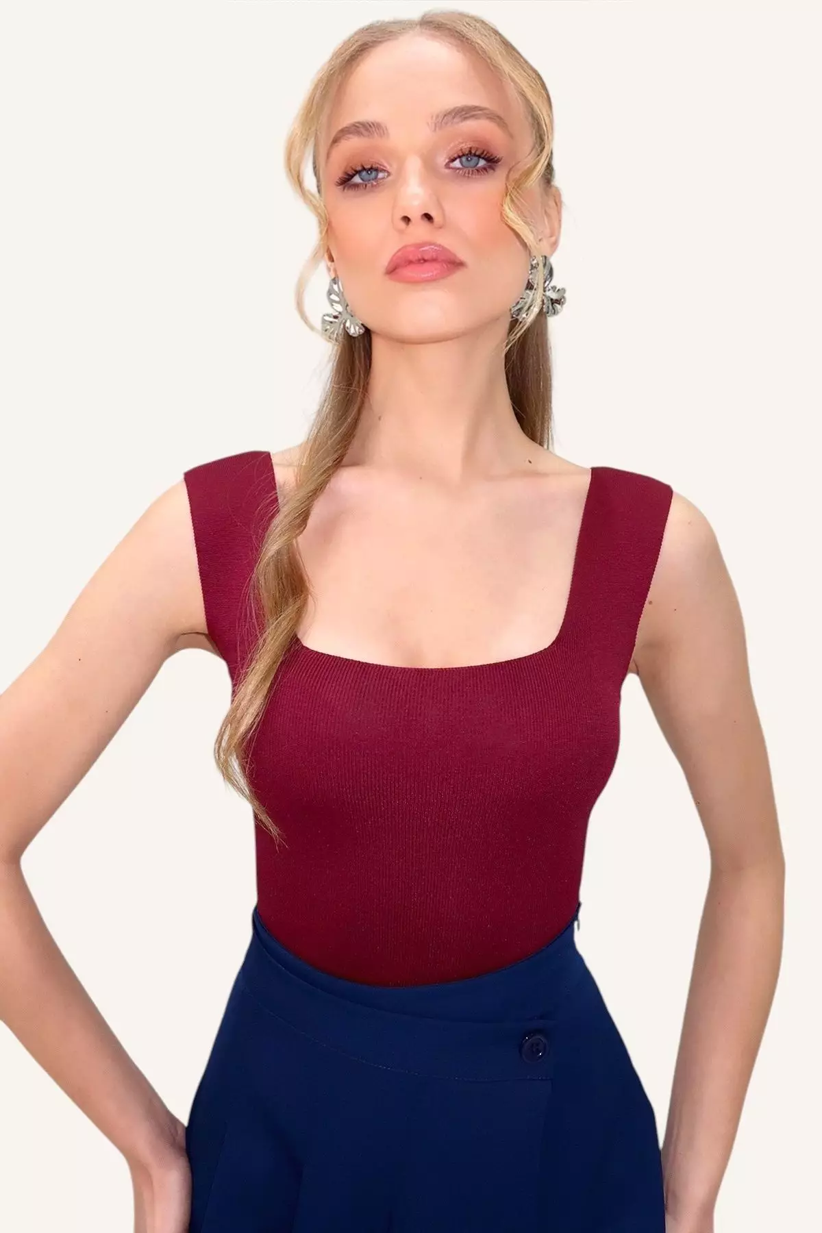 Women's Plum Square Neck Slim Mercerized Blouse