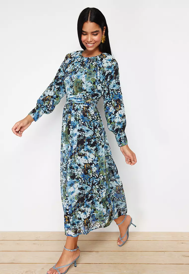 Black Blue Floral Sash Detailed Woven Dress TCTSS24EB00045