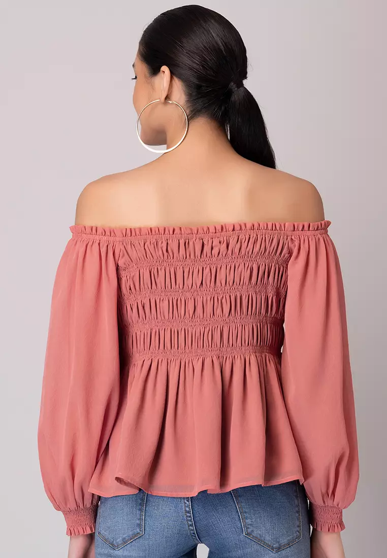 Peach Off Shoulder Smocked Peplum Top