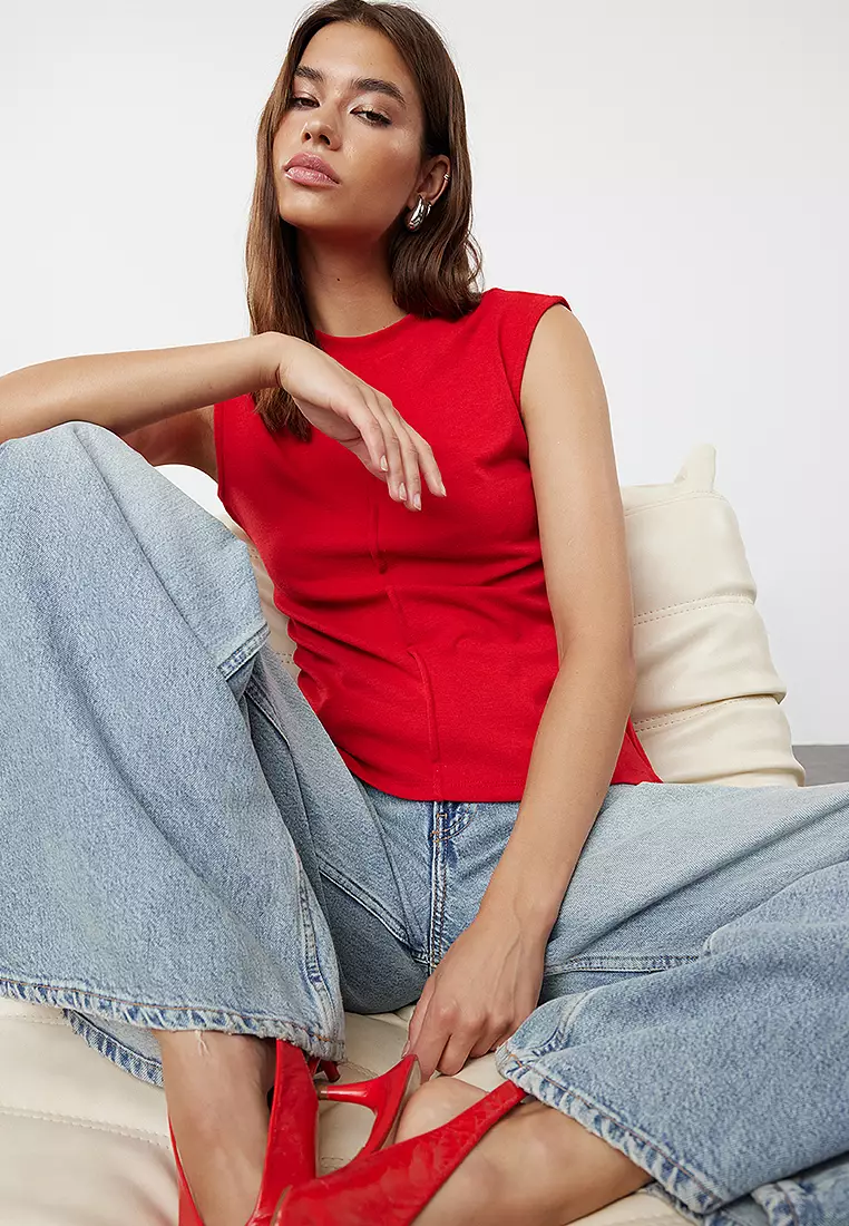 Red/Soft Fabric Fitted Stretchy Knitted Blouse