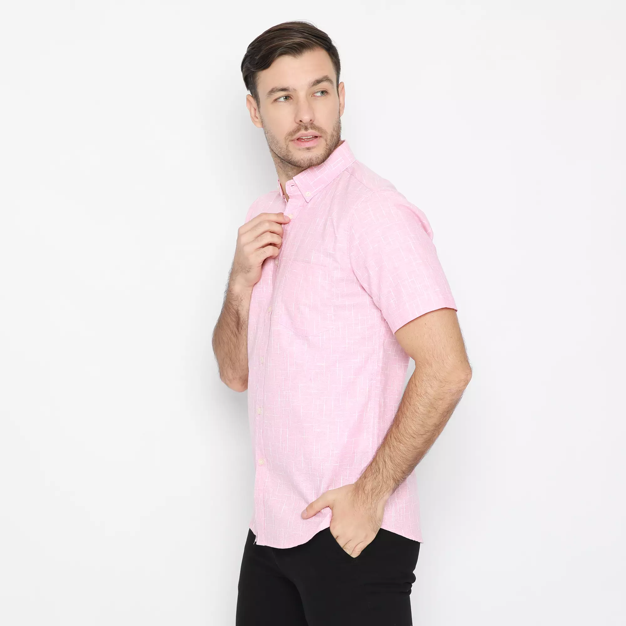 Platini Kemeja Pria Motif LenganPendek Pink 63240